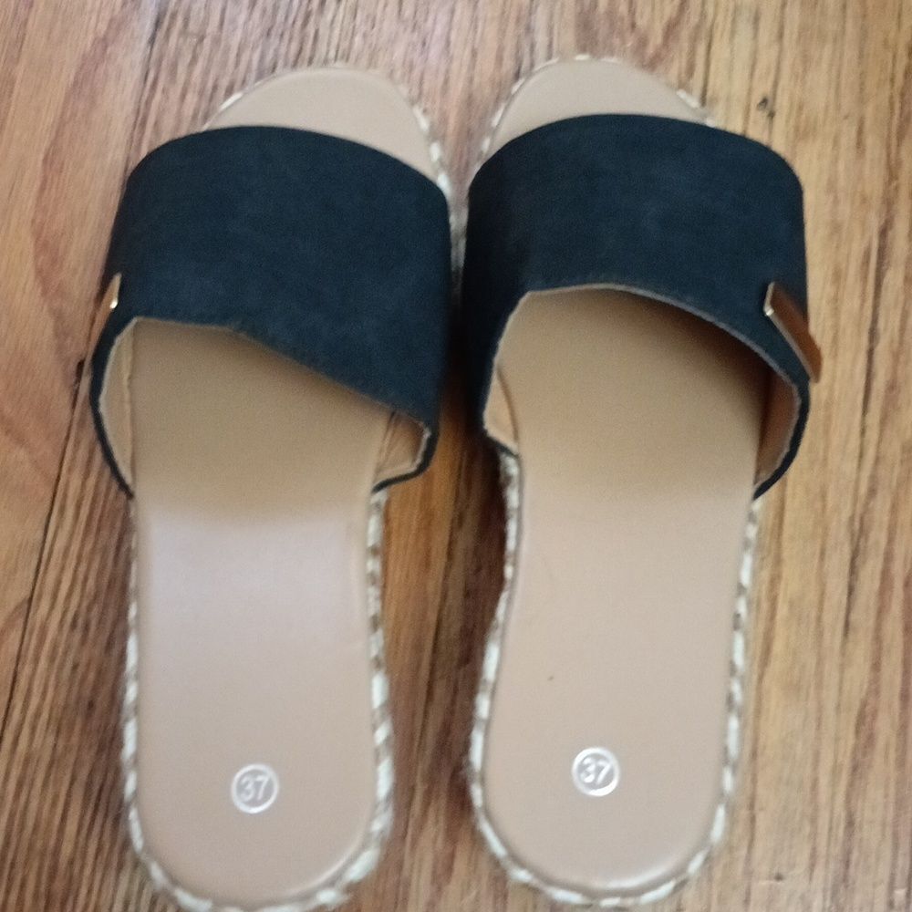 Black Espadrille Platform Slide Sandals with Gold Accent - Picture 2 of 8